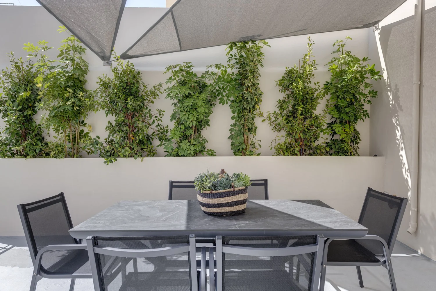 Lower terrace table beside the planted wall