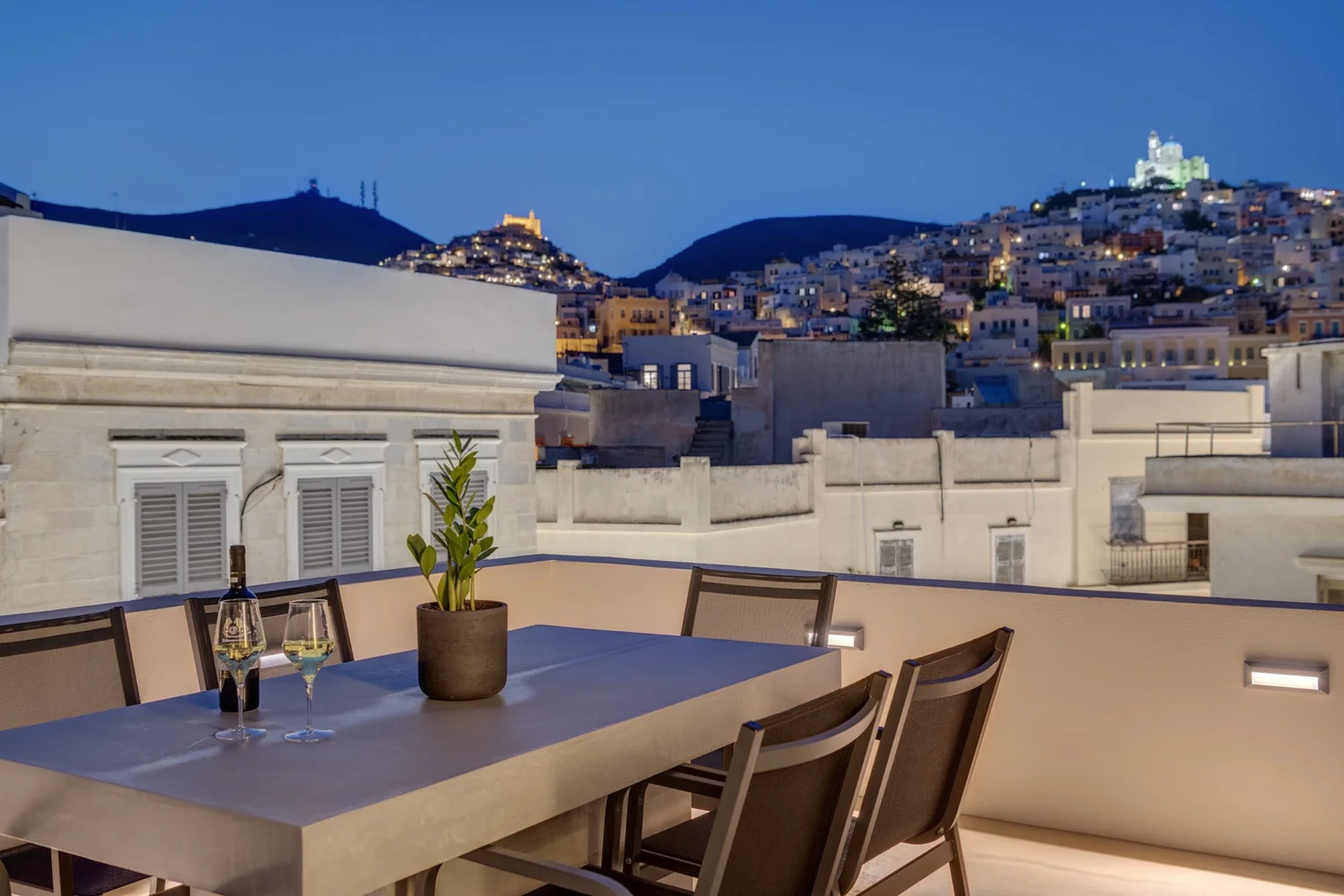 Upper terrace seating after dark